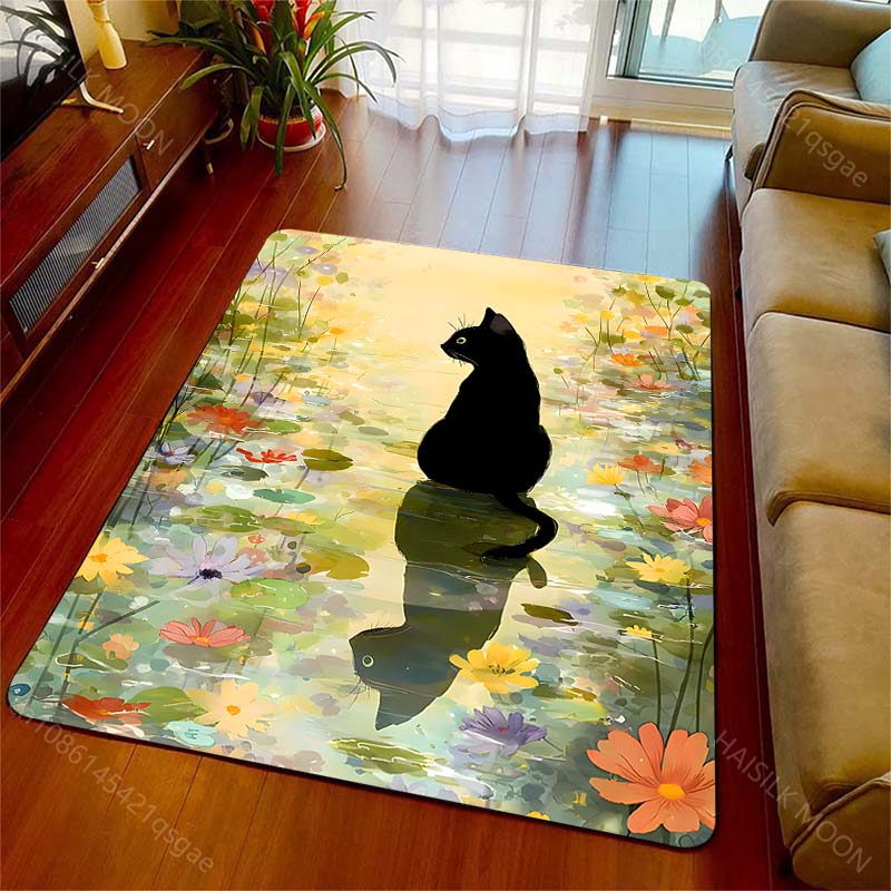 Commercial Printing Format - Black cat sitting floral pond reflection